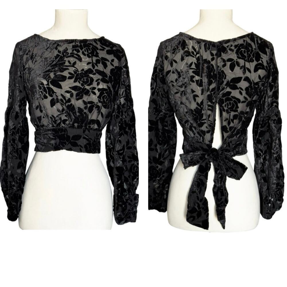 Lioness Eastside Sheer Black Velvet Floral Cropped Top Women’s Small